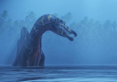 3d render of a Spinosaurus in a lake.