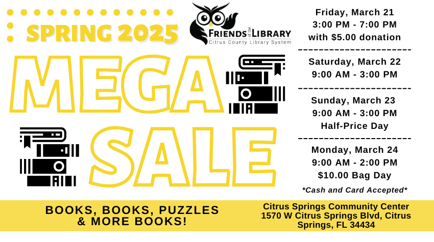 Friends of the Library Mega Sale March 21-24, 2025